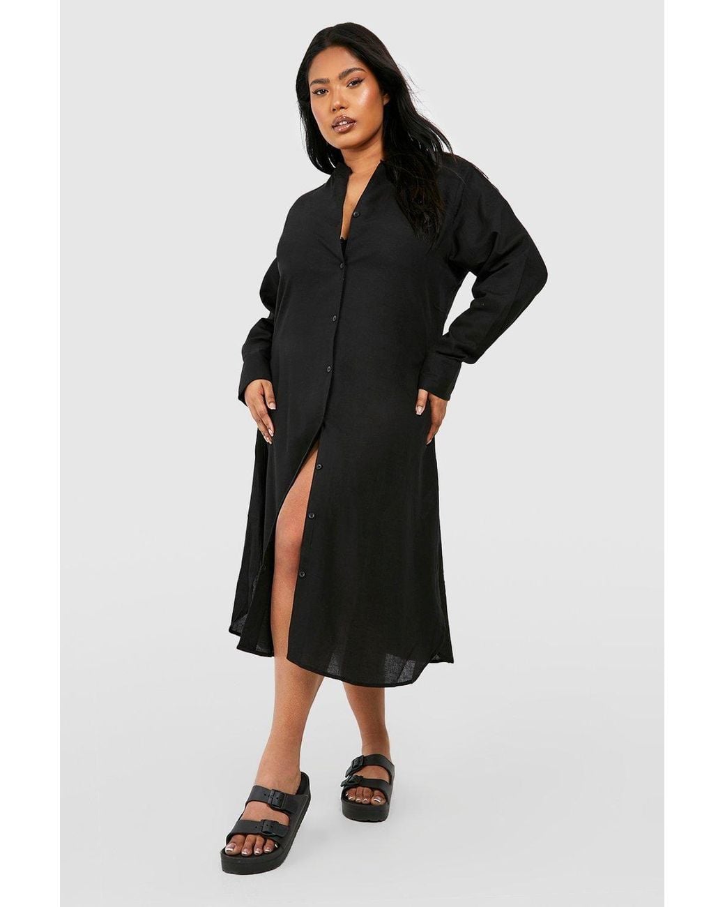 Boohoo Black Plus Linen Look Midi Shirt Dress