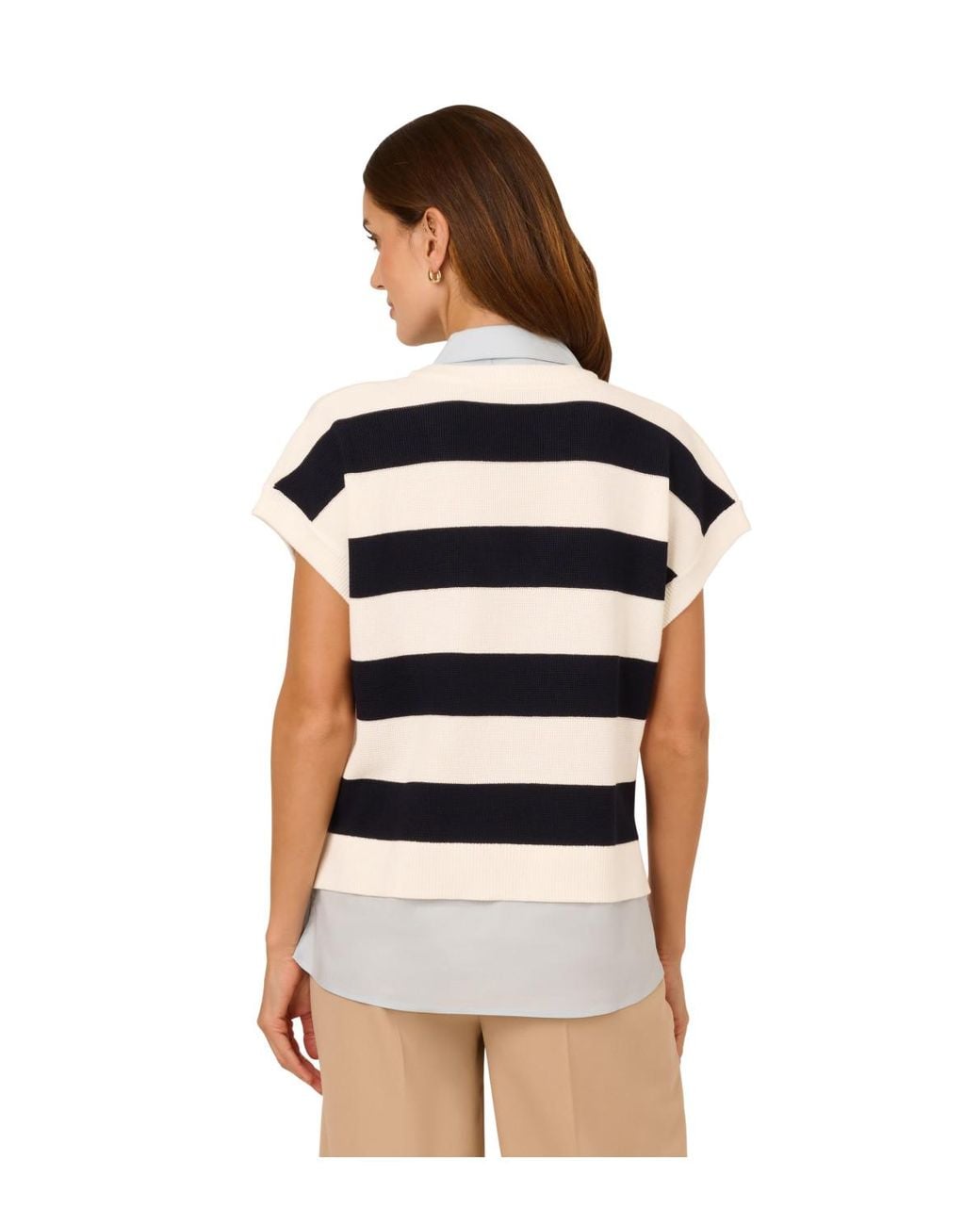 Adrianna Papell Multicolor Rugby Striped V-Neck Vest Twofer Sweater W/ Woven Combo