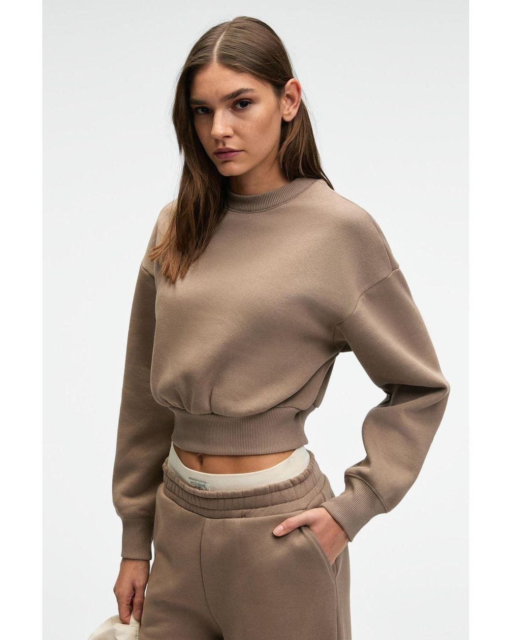 Grimelange Brown Crop Crew Neck Sweatshirt