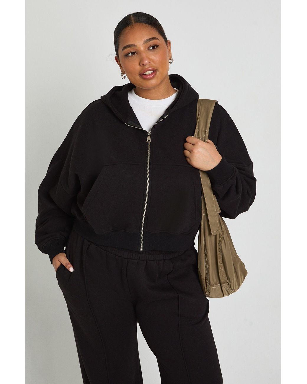 Boohoo Black Plus Core Basic Boxy Balloon Sleeve Oversized Zip Through Hoodie