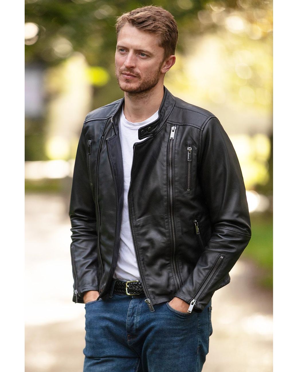 Ashwood Leather Black 'Rocco' Dual Cross Zip Stylish Biker Jacket for men