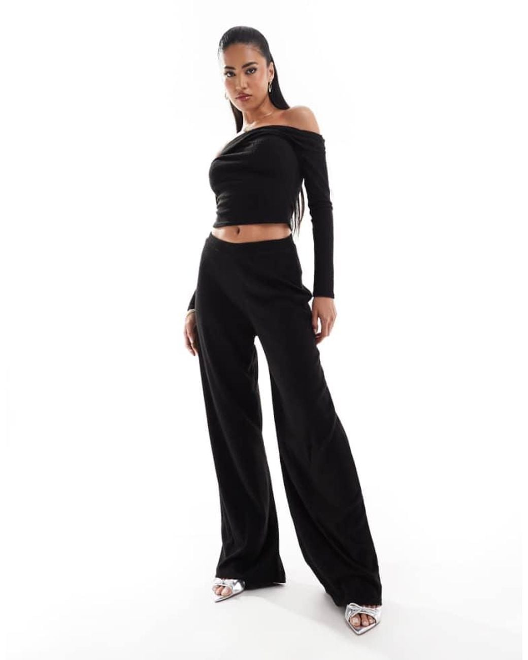 Kaiia Black Exclusive Soft Rib Wide Leg Trousers Co-Ord