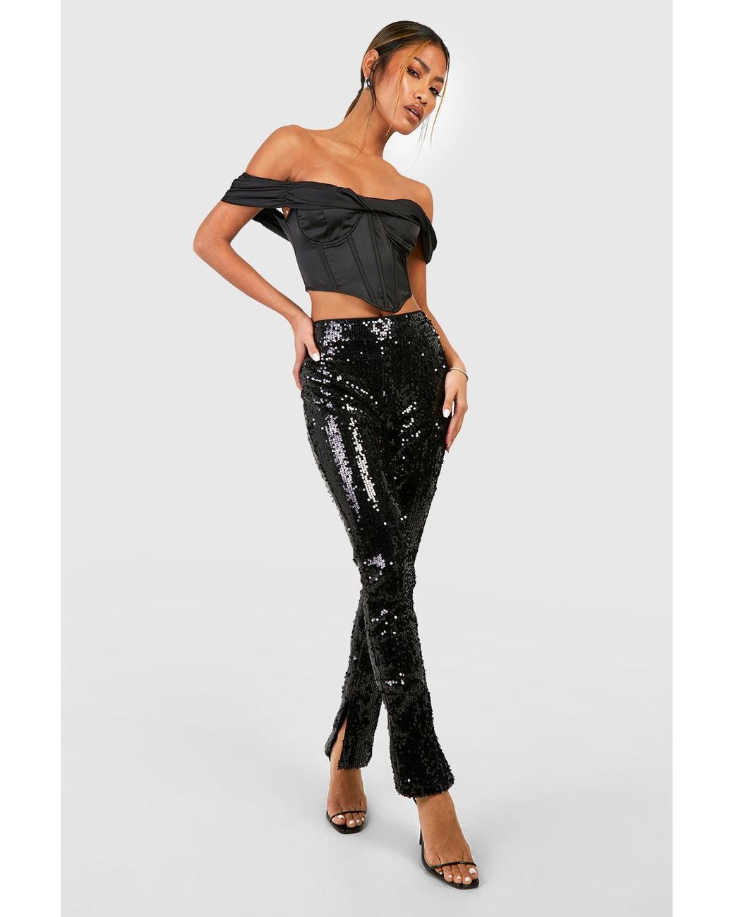 Boohoo Black Sequin Mid Rise Split Hem Trousers
