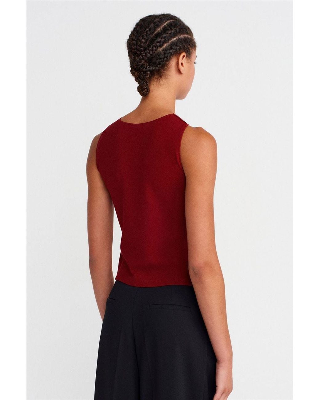Dilvin Red Fitted Ribbed Sleeveless Blouse