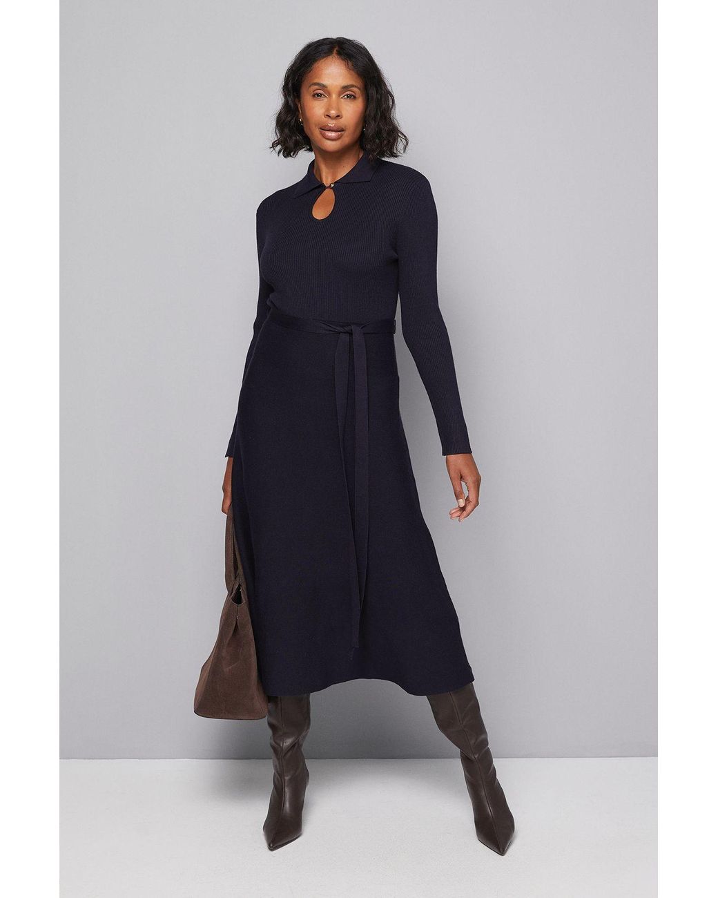 Wallis Blue Keyhole Collared Belted Knitted Midi Dress