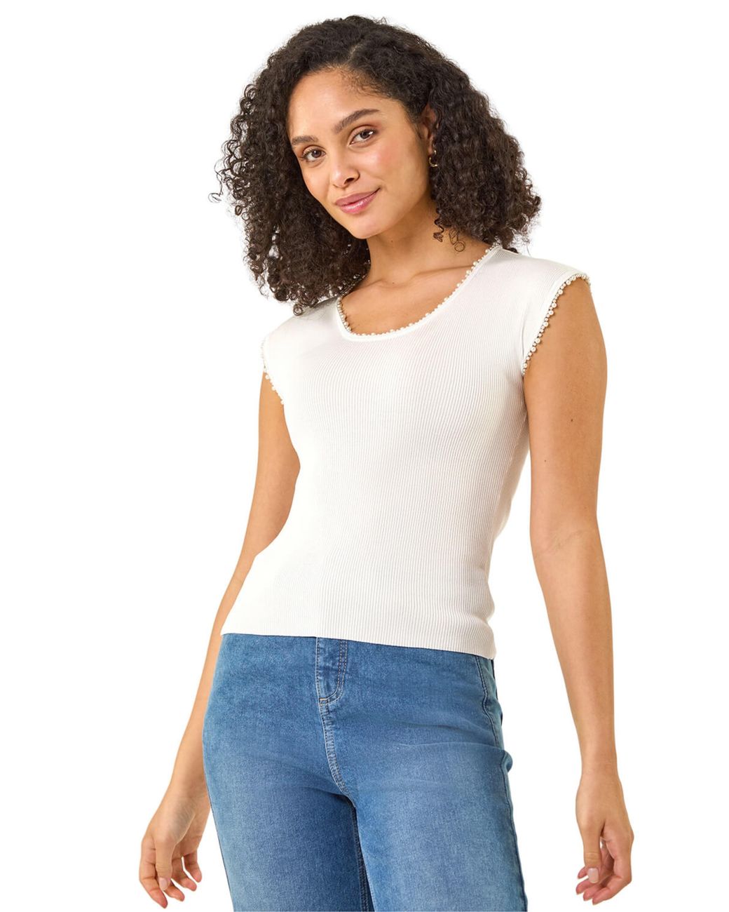 Roman White Faux Pearl Trim Top