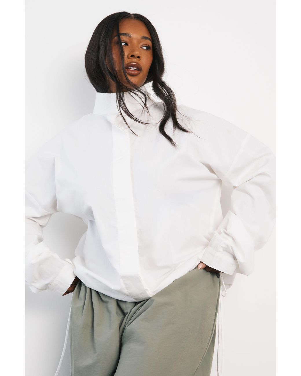 Boohoo White Plus Cotton Funnel Neck Shirt