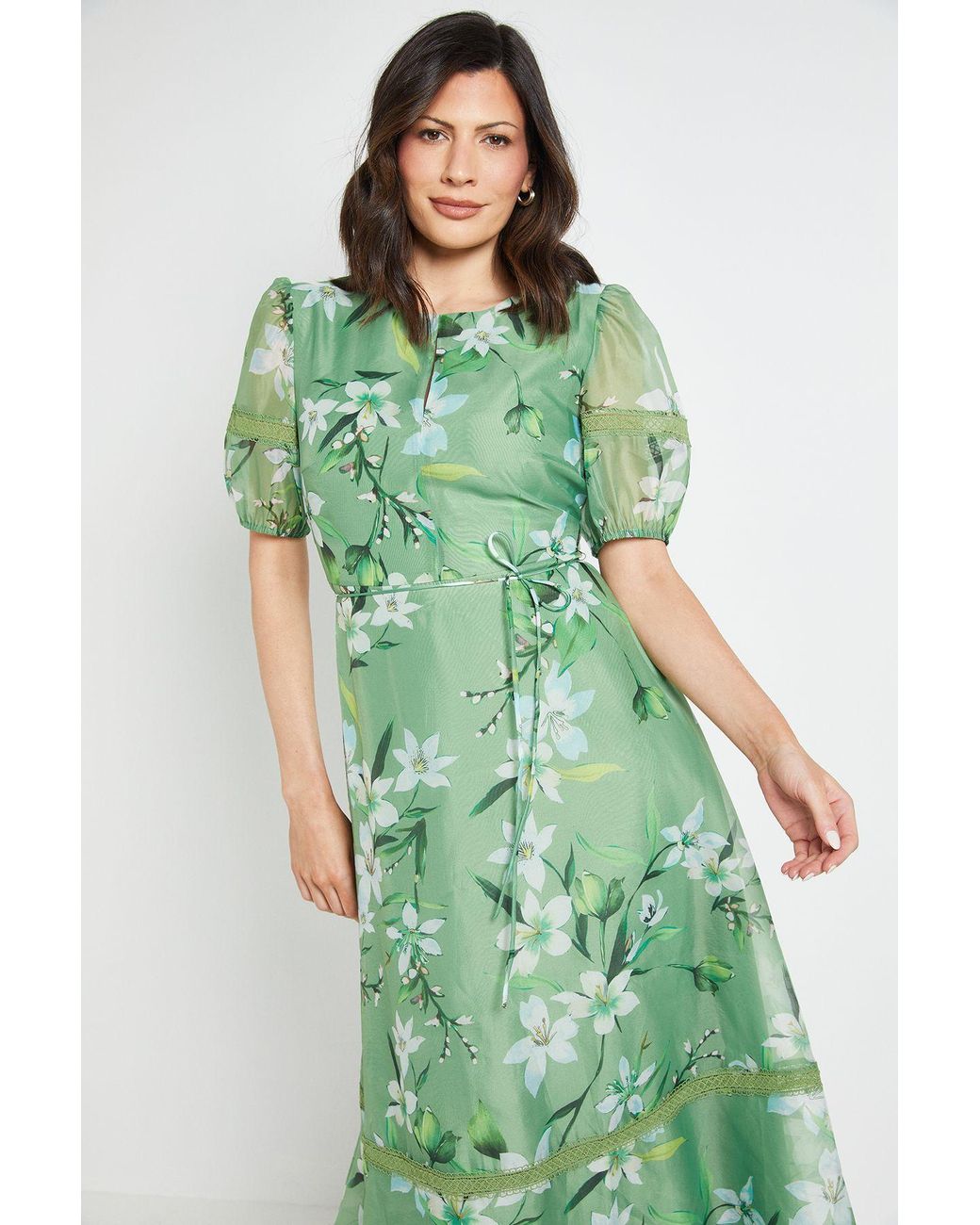 Wallis Green Floral Organza Lace Insert Midi Dress