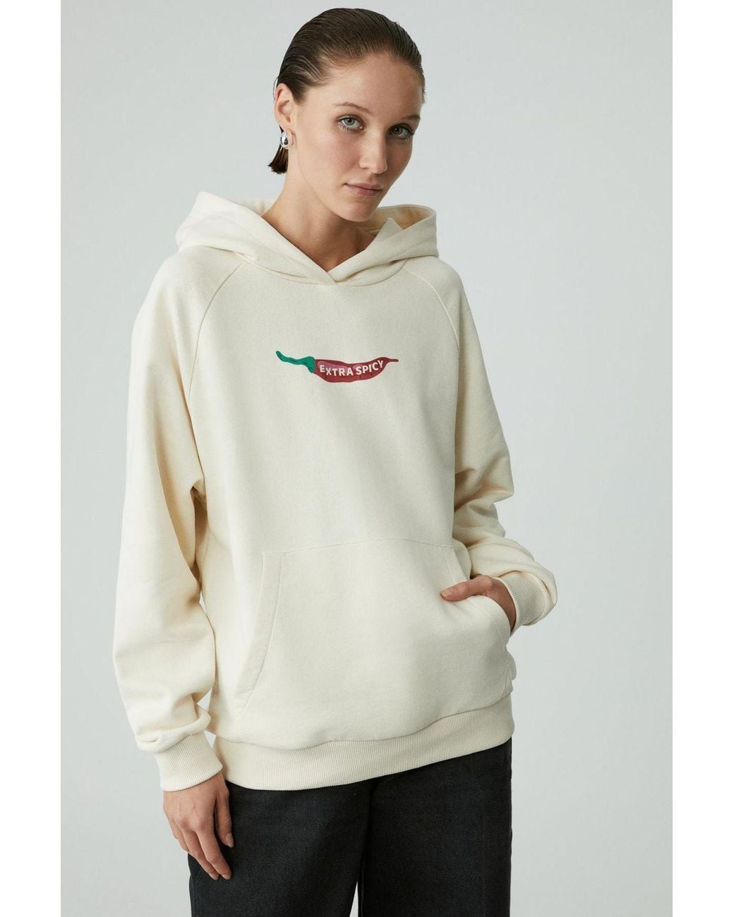 Grimelange Natural Oversized Printed Hooded Sweatshirt