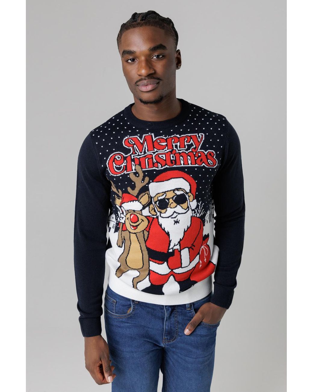 Tokyo Laundry Blue Dark Festive Jacquard Crew Neck Jumper for men