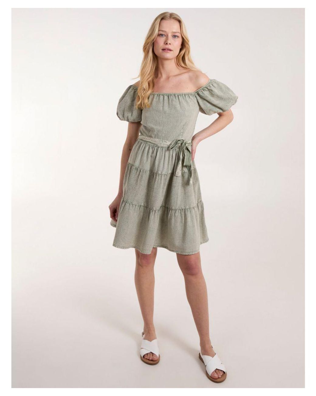 Blue Vanilla Green Milkmaid Puff Sleeve Mini Dress