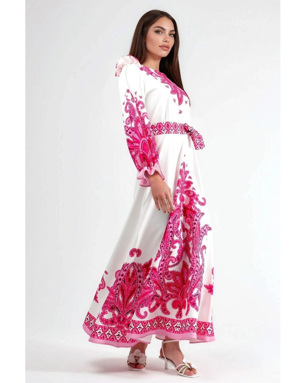 Msn-Collection Pink Paisley Print Maxi Dress With Tie Detail