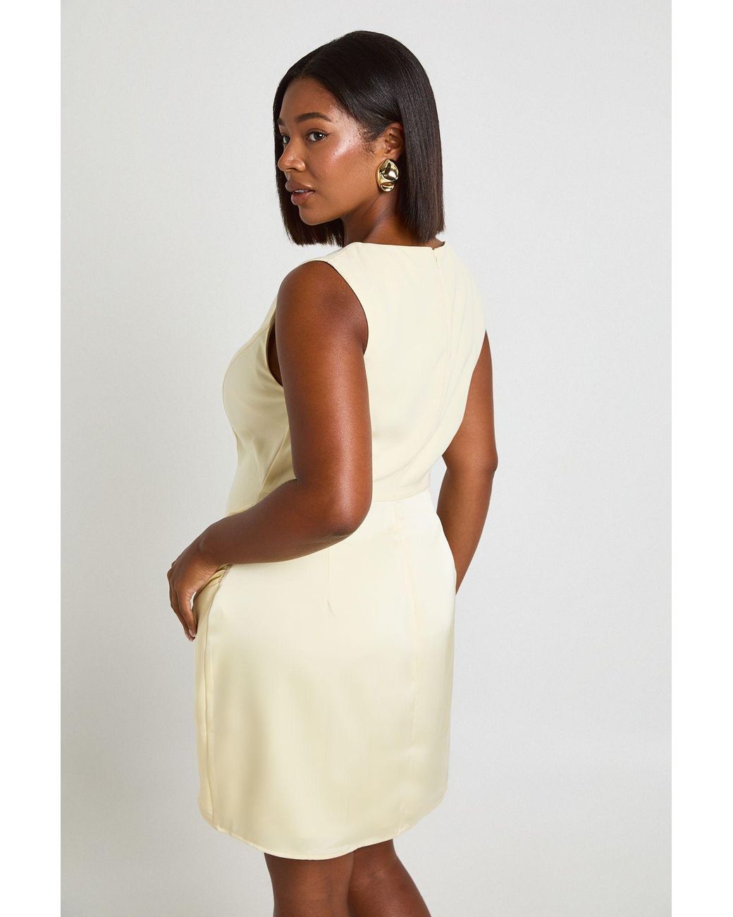Boohoo Natural Plus Satin Drape Slash Neck Mini Dress