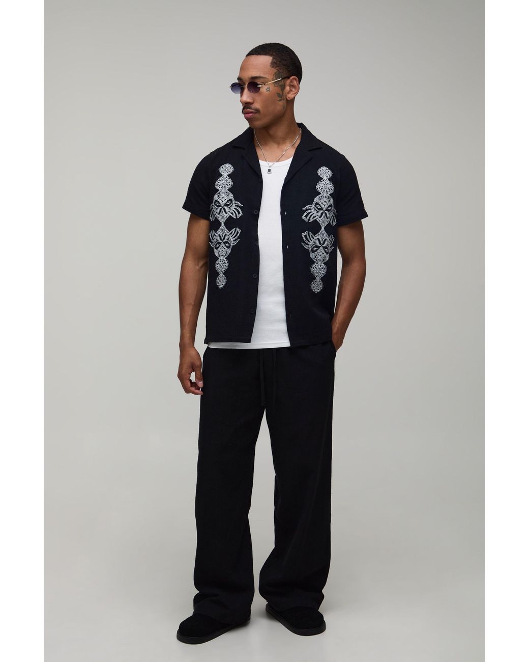 BoohooMAN Blue Textured Embroidered Regular Shirt & Wide Leg Trouser Set for men