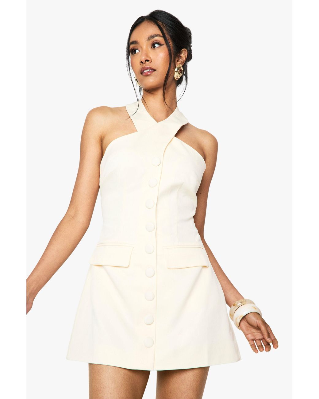 Boohoo White Halterneck Tailored Micro Mini Dress