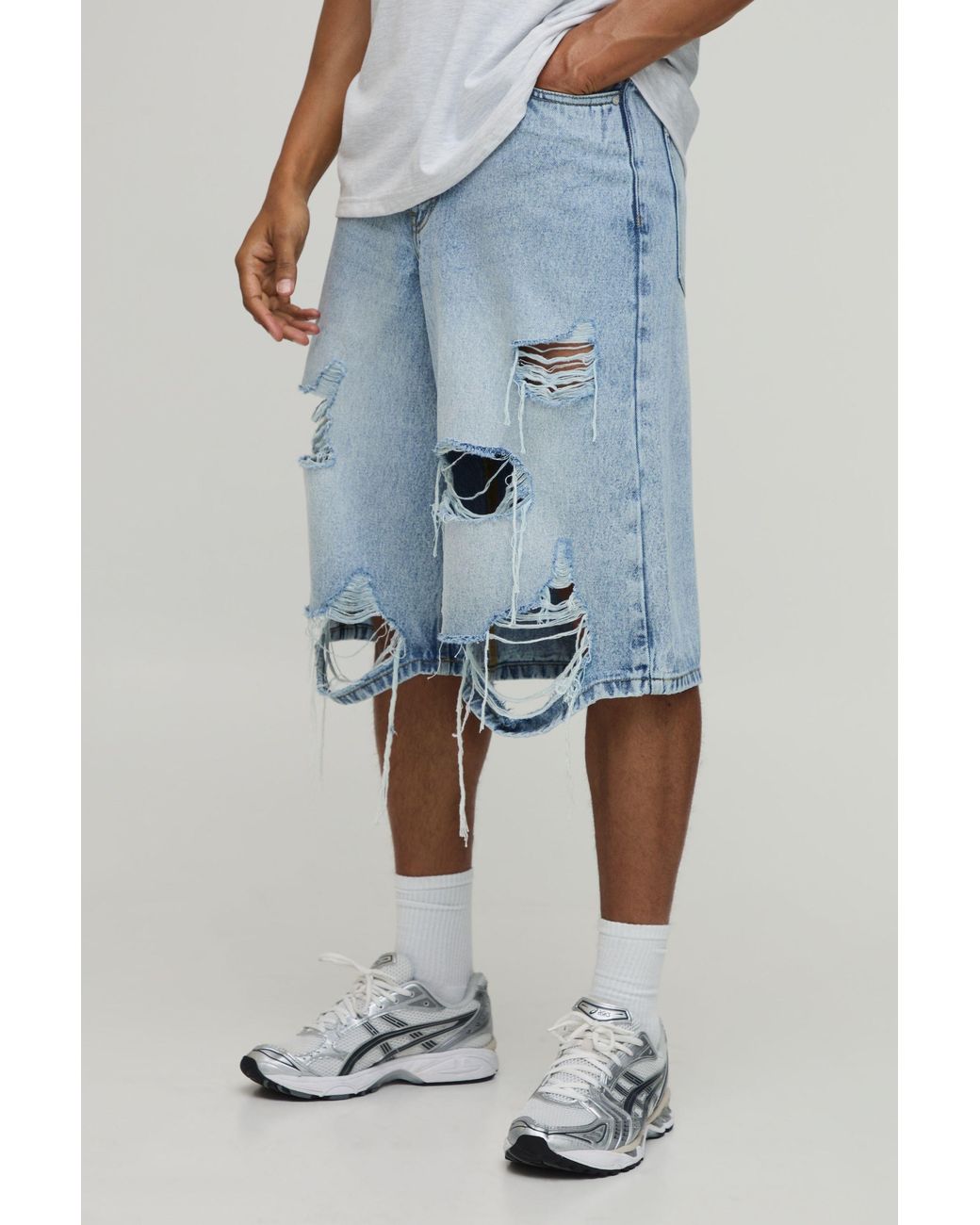 BoohooMAN Blue Fade Wash Extreme Distressed Longline Jorts for men