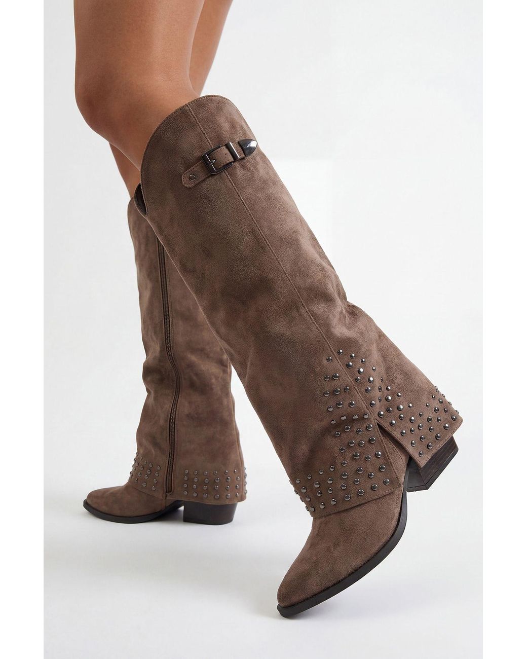 Boohoo Brown Faux Suede Fold Over Stud Detail Western Boots