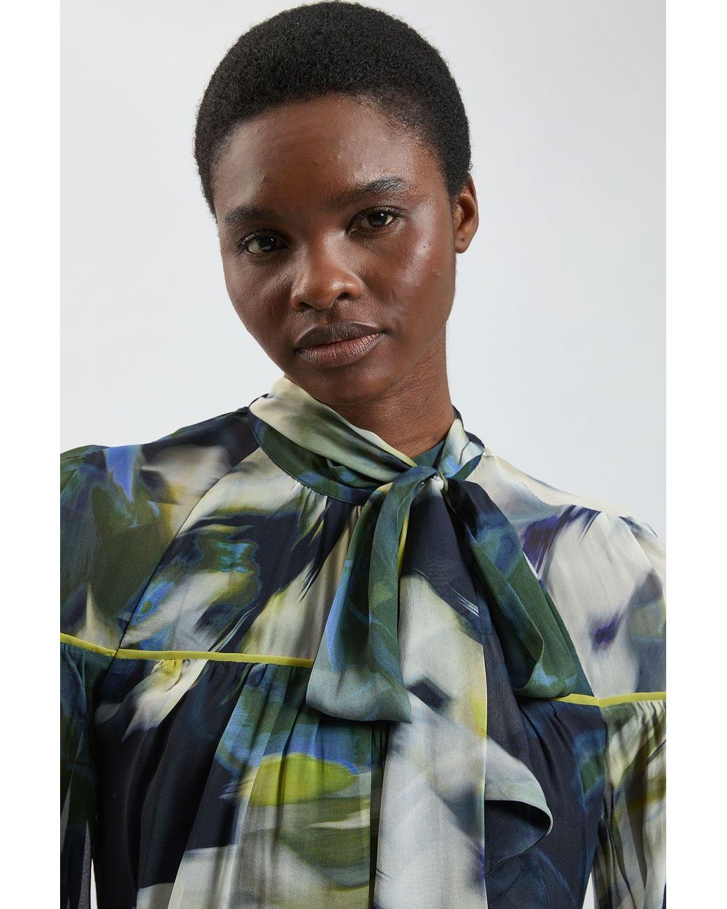 Karen Millen Blue Viscose Floral Print Woven Tie Neck Blouse