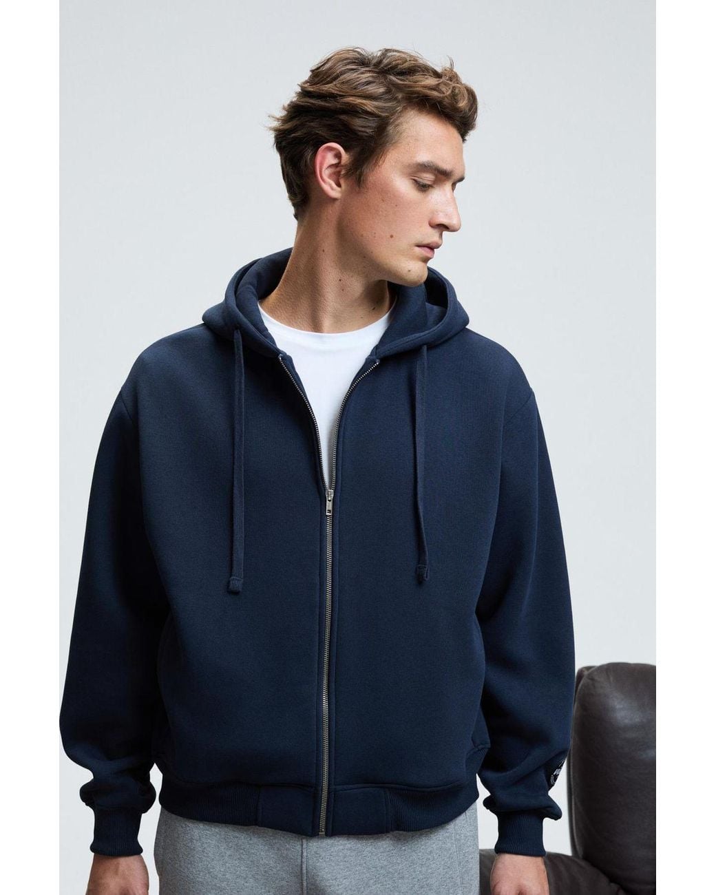 Grimelange Blue Oversized Hooded Zip Sweatshirt for men