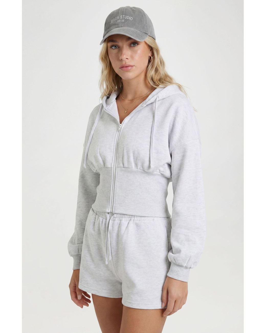 Boohoo White Cinched Waist Zip Through Cropped Hooded Short Tracksuit