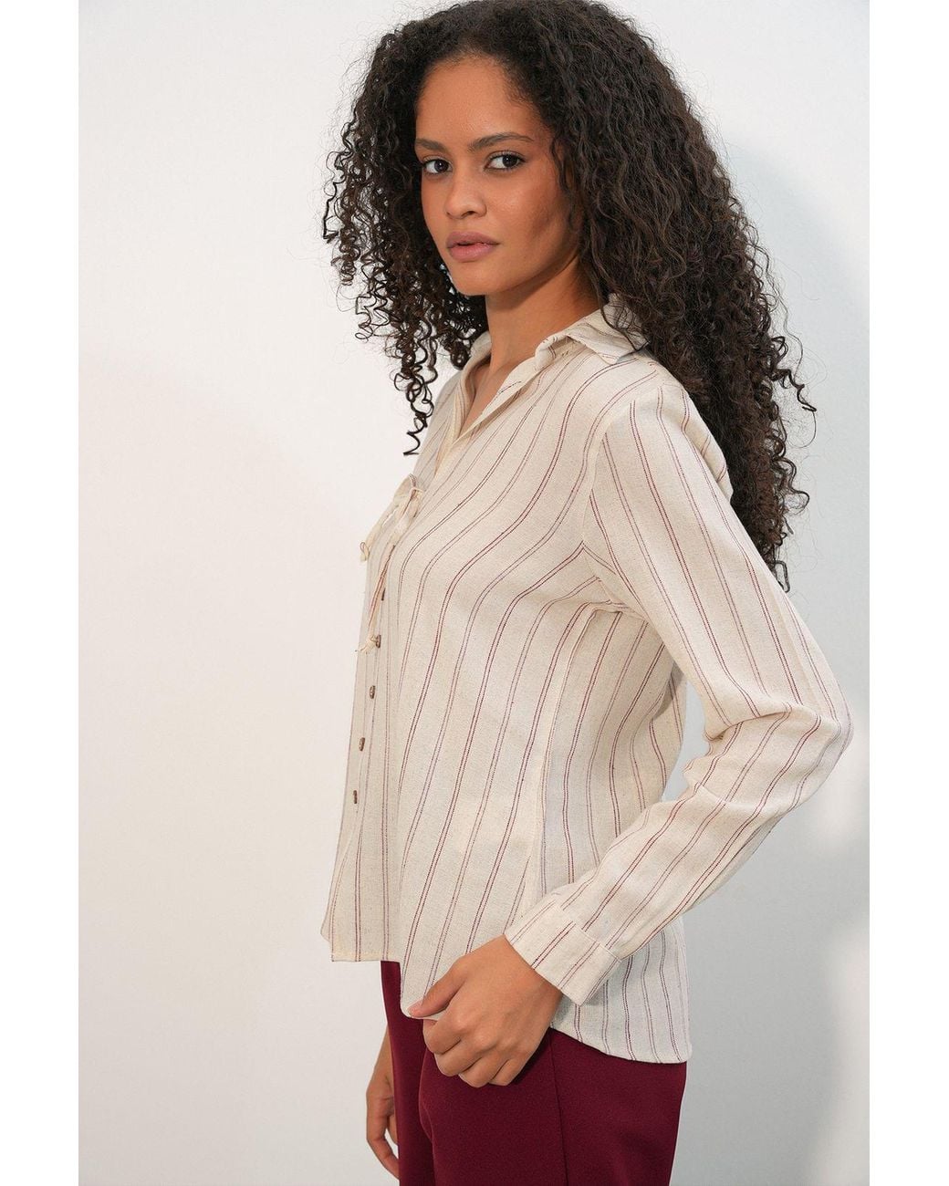 Bigdart Natural Striped Linen Blend Shirt With Tie Detail