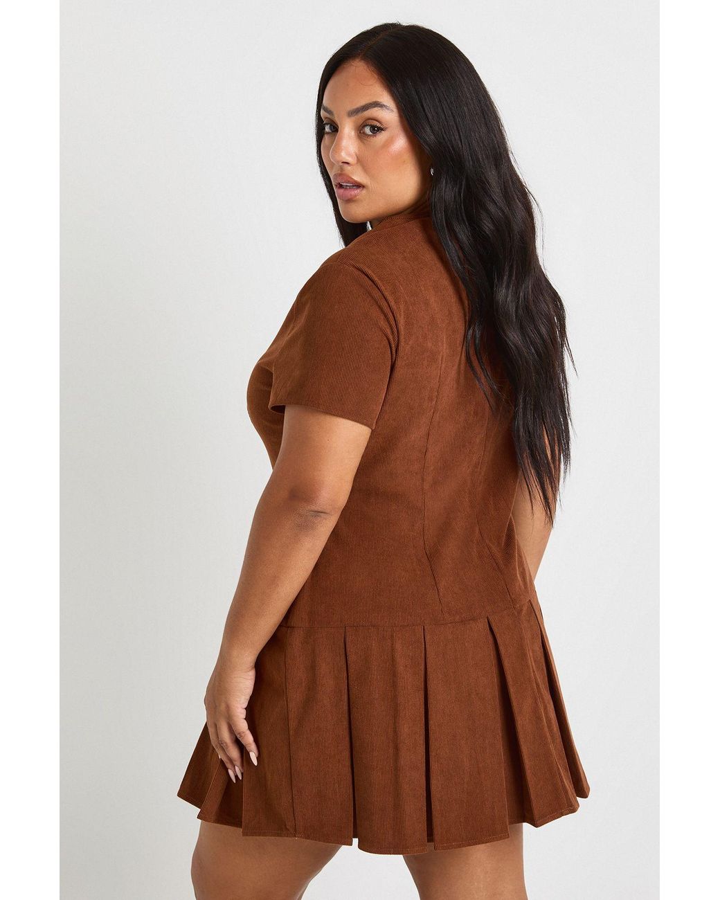 Boohoo Brown Plus Cord Pleated Hem Shift Dress