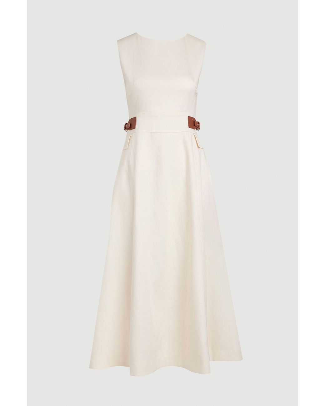 Karen Millen Natural Tailored Linen Tab Waist Detail Full Skirt Midi Dress