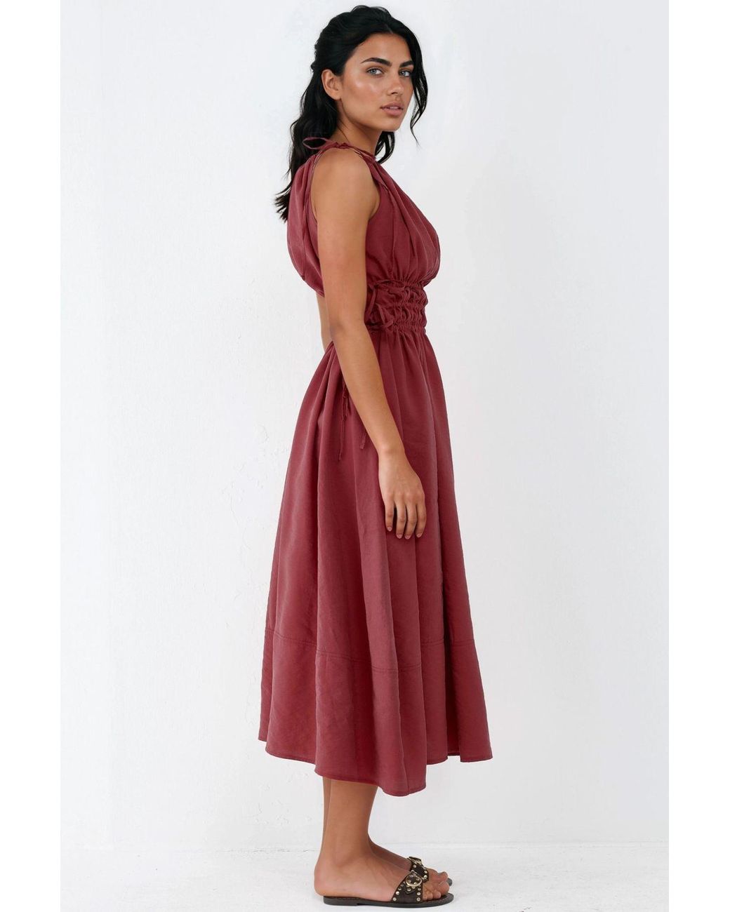Busem Red Ruched Strap Midi Dress