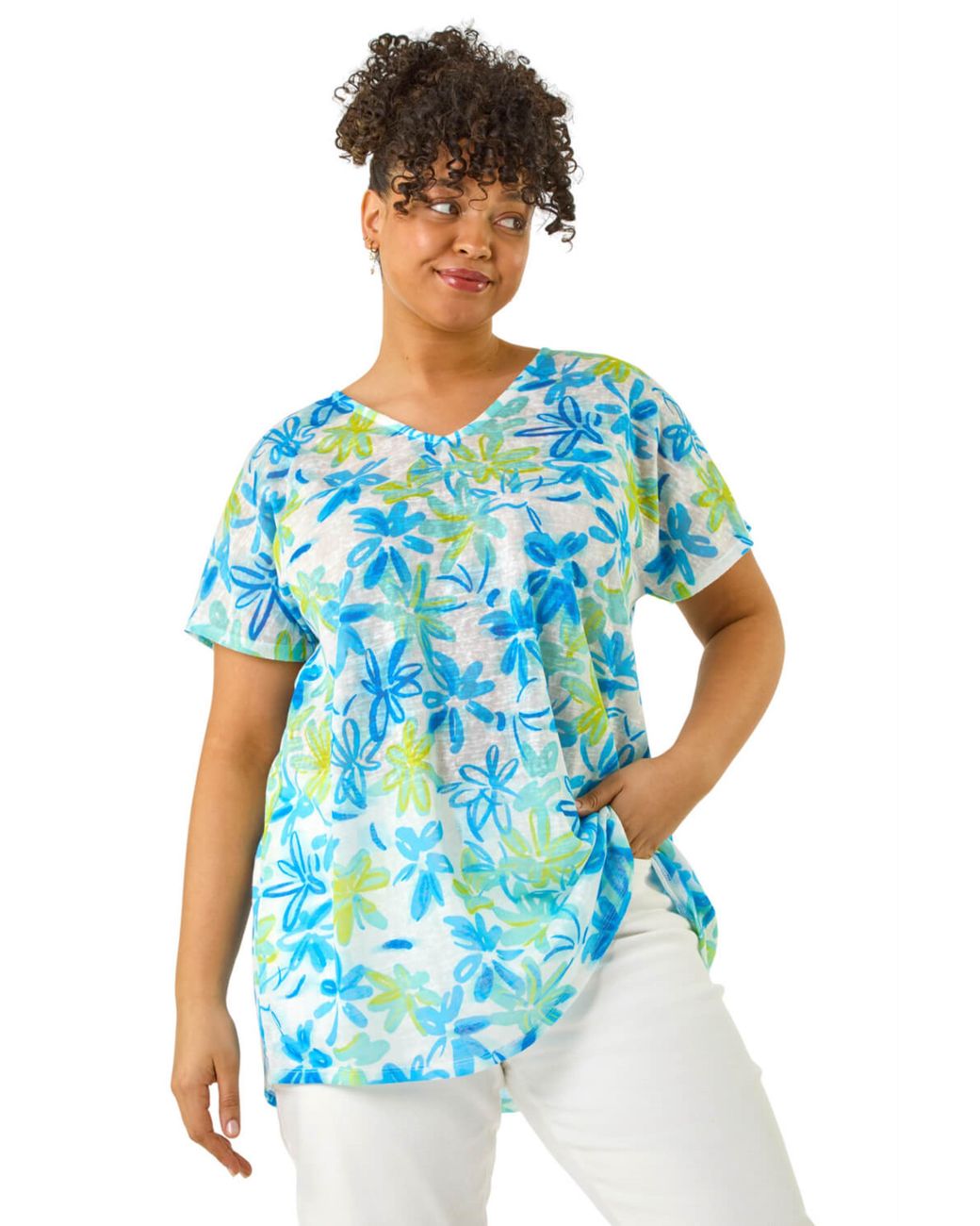 Roman Blue Curve V-Neck Floral Top
