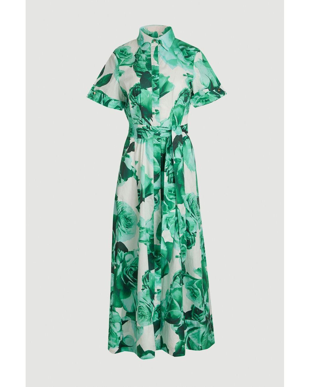 Karen Millen Green Rose Print Cotton Sateen Floral Woven Belted Maxi Shirt Dress