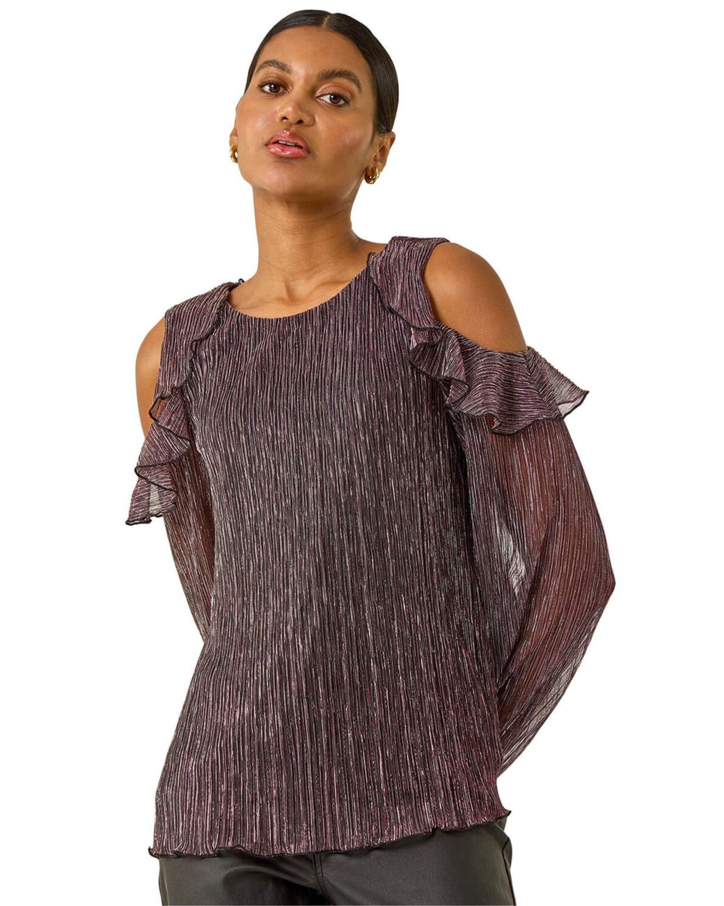 Roman Brown Shimmer Cold Shoulder Plisse Top