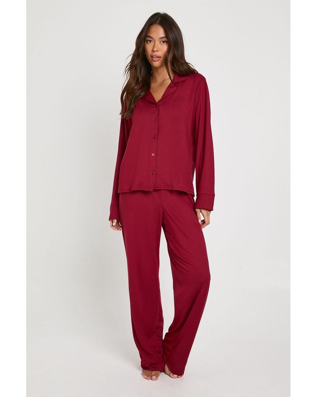Boohoo Red Soft Touch Button Through Shirt And Trouser Pyjama Set