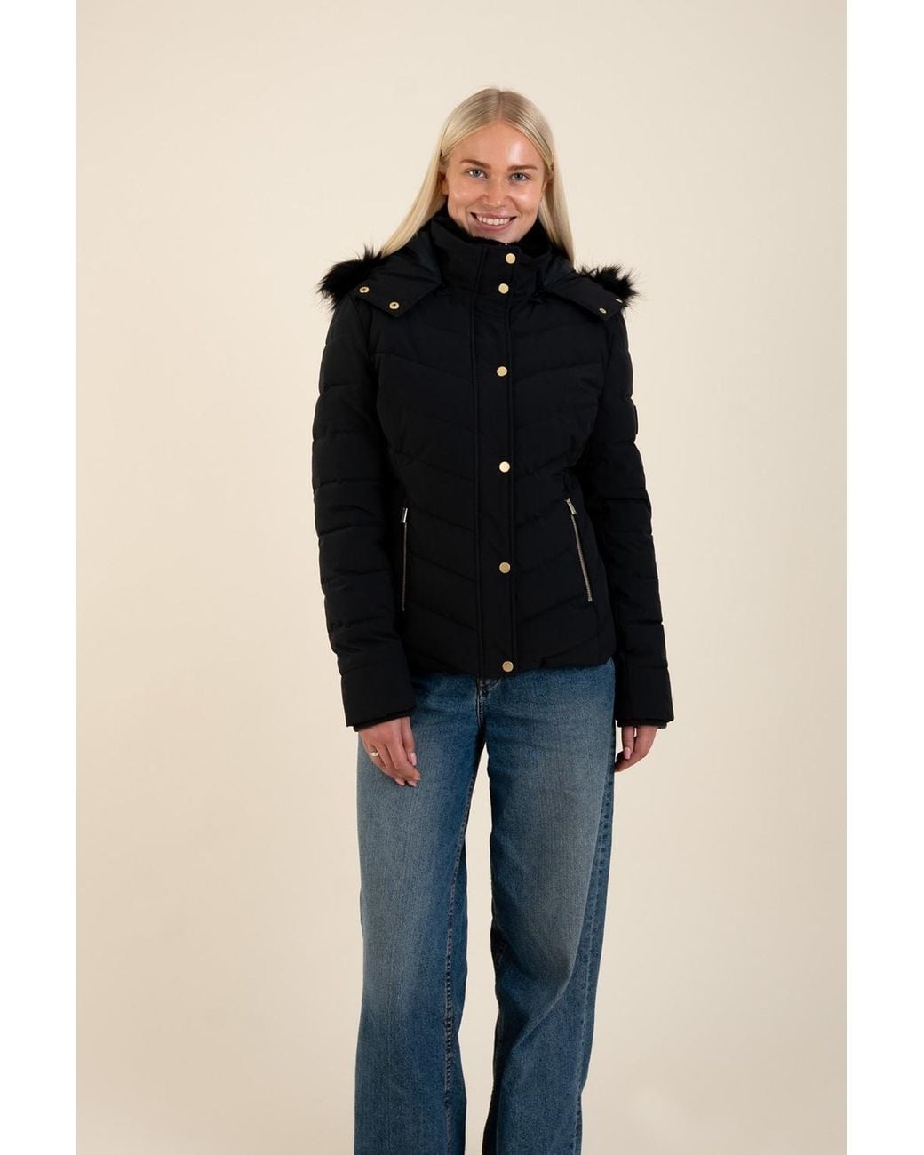 Harvey & Jones Blue Quilted Jacket With Faux Fur Trim Hood