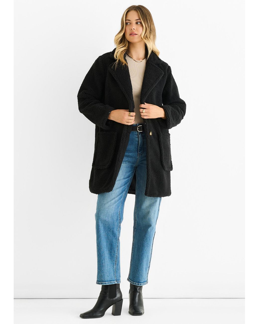 Gini London Black Faux Fur Longline Teddy Overcoat