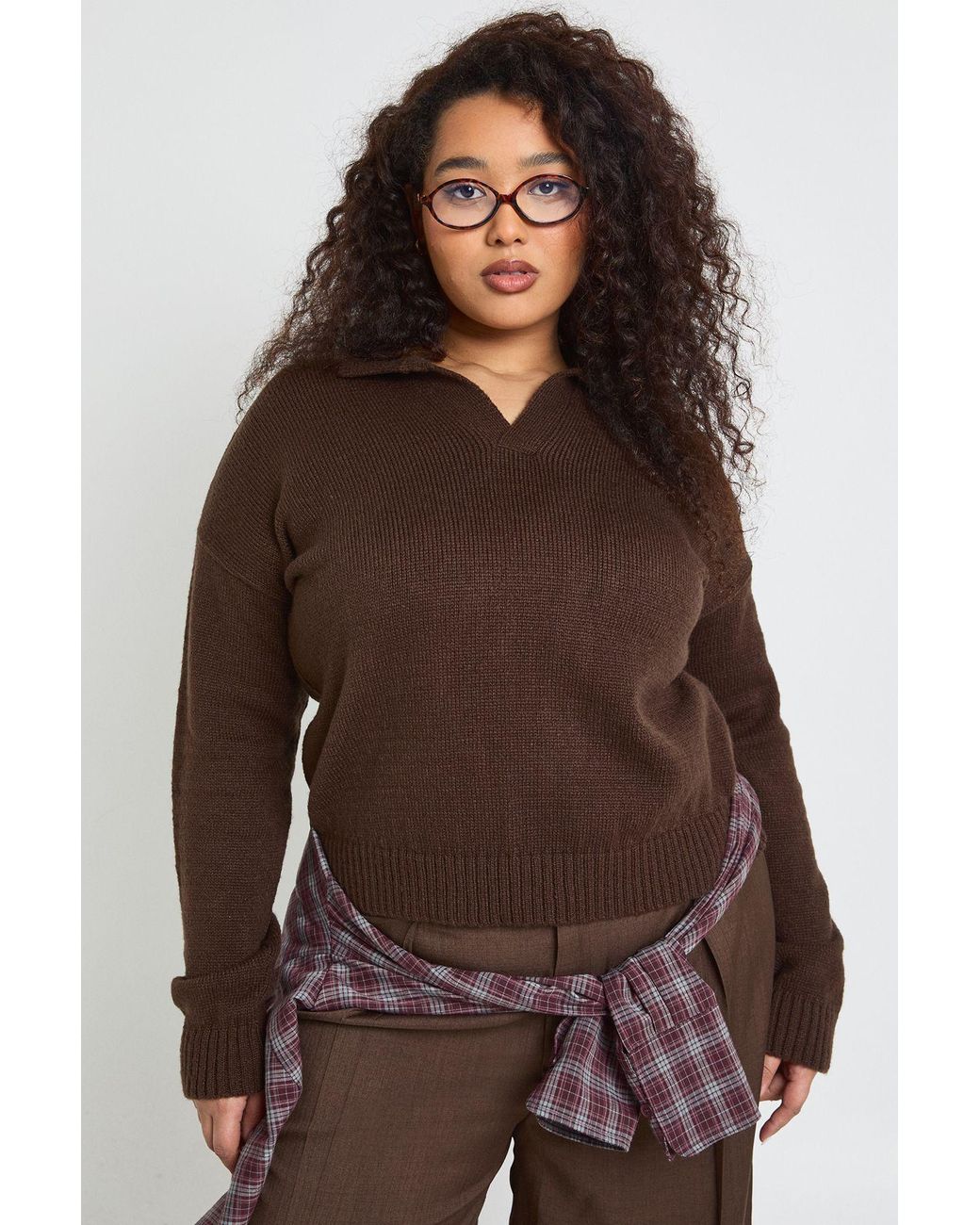 Boohoo Brown Plus Collared V Neck Knit Top