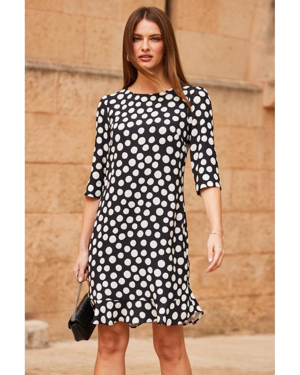 Sosandar Black Spot Print Ruffle Hem Shift Dress