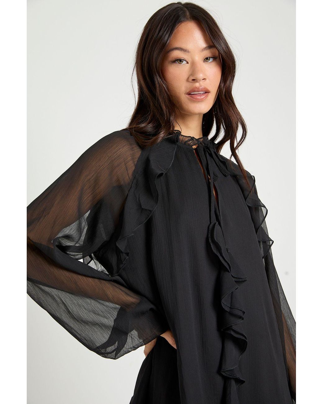 Boohoo Black Tall Chiffon Ruffle Smock Dress