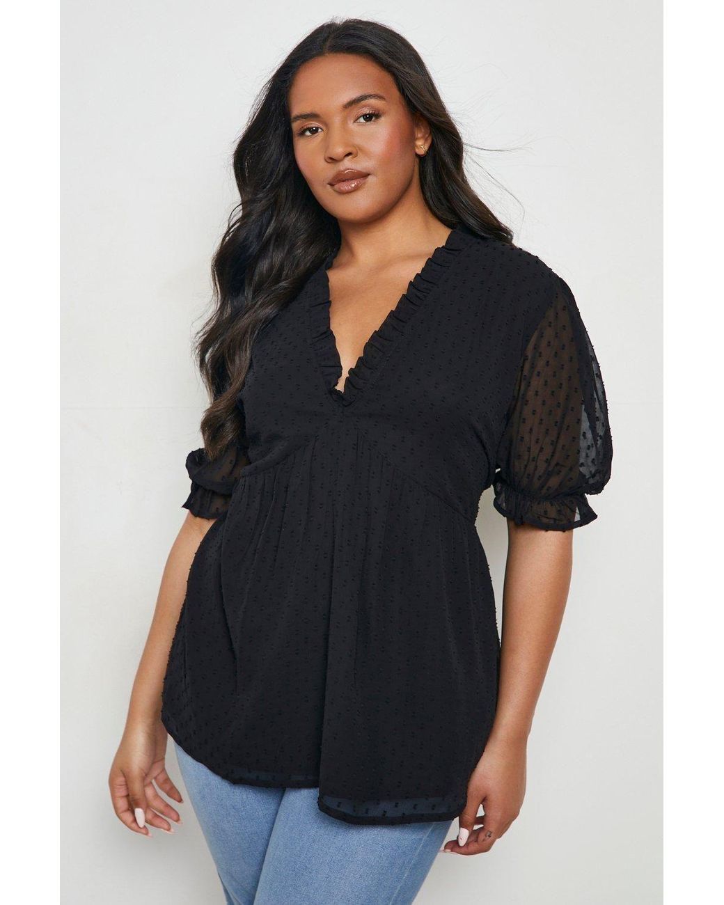 Boohoo Black Plus Ruffle Dobby Peplum Top