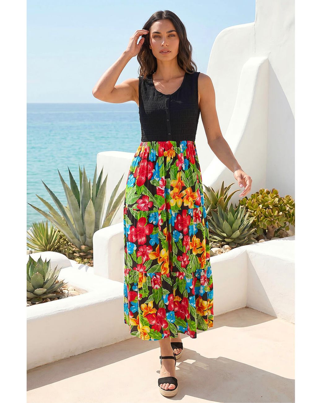Roman Green Floral Button Front Midi Dress
