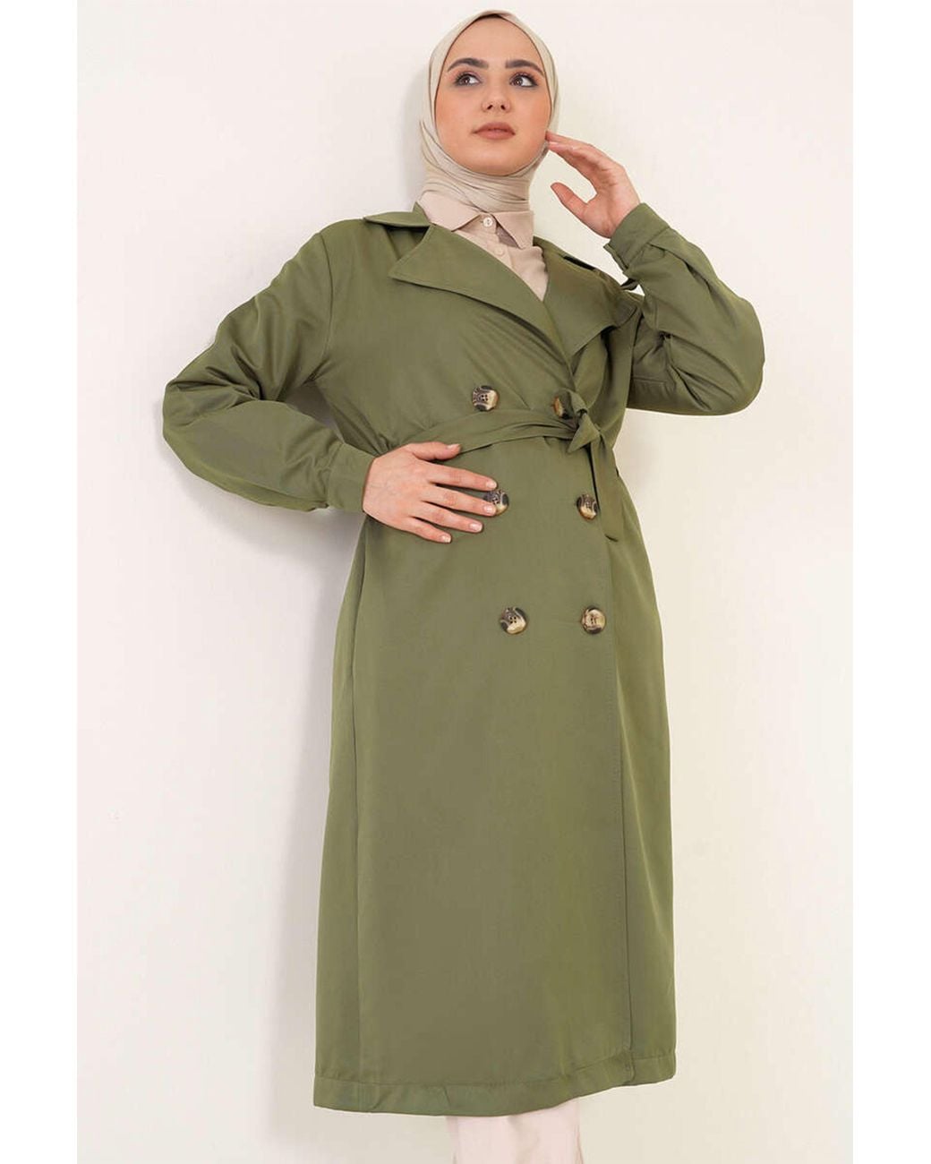 Bigdart Green Double Breasted Long Trench Coat