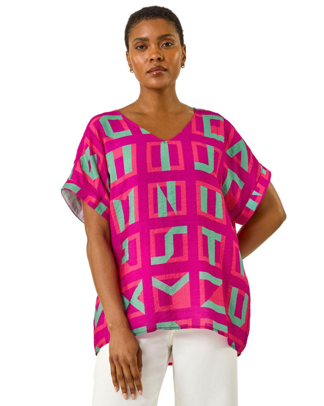 Roman Pink Geometric Print V-Neck Top