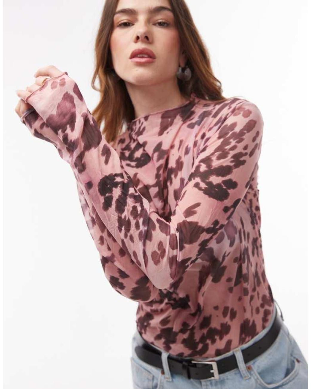 TOPSHOP Red Leopard Crinkle Long Sleeve Top