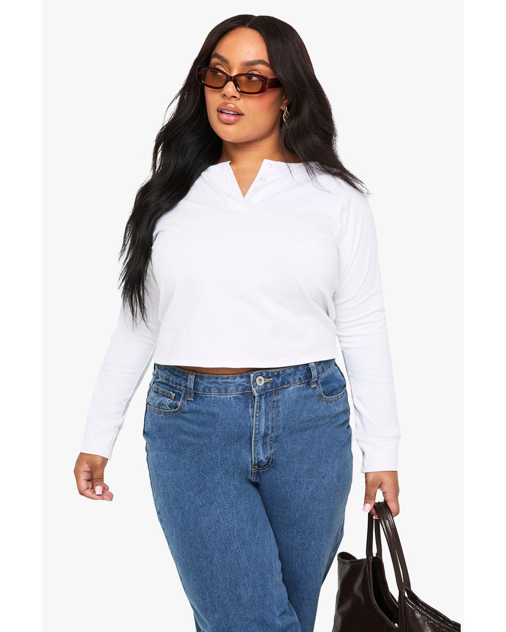 Boohoo White Plus Cotton Henley Button Down Boxy Top
