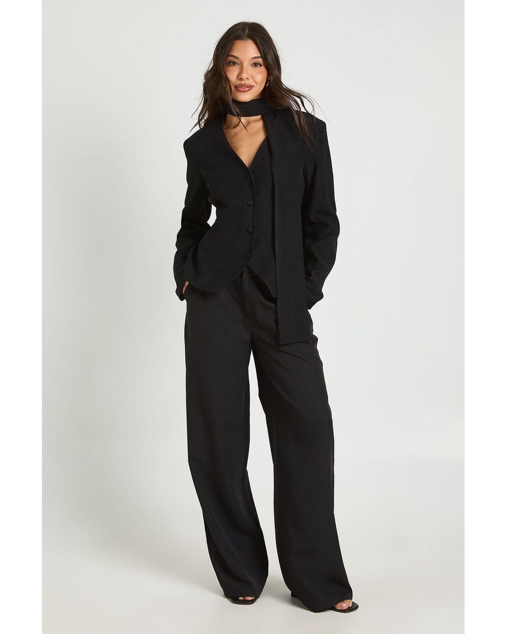 Boohoo Black Scarf V-Neck Fitted Blazer