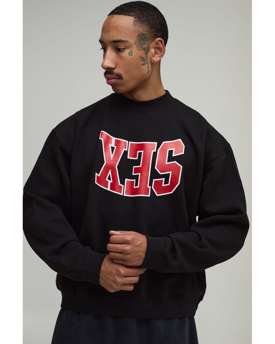 BoohooMAN Black Oversized Boxy Sex Slogan Print Sweatshirt Cotton for men
