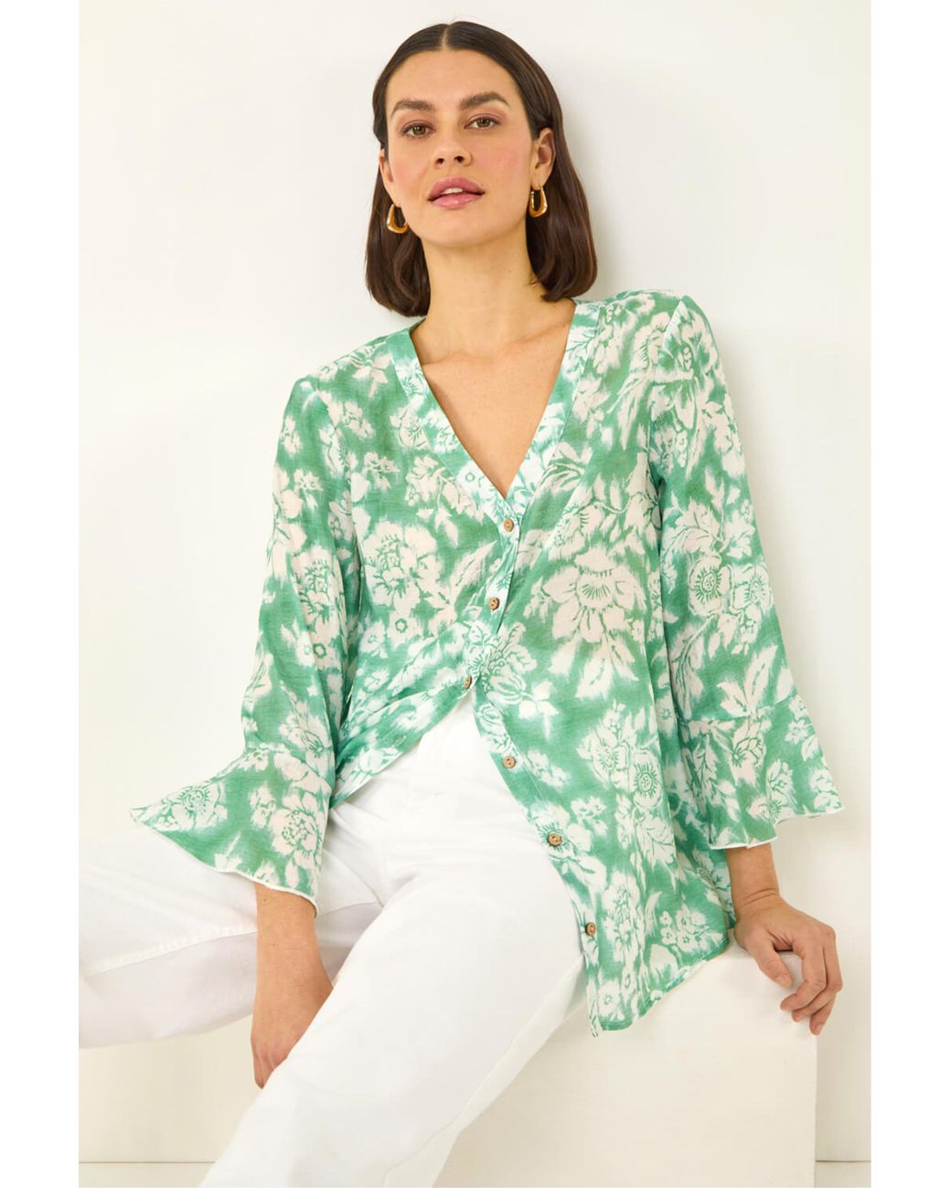 Roman Green Floral Print Flare Sleeve Blouse