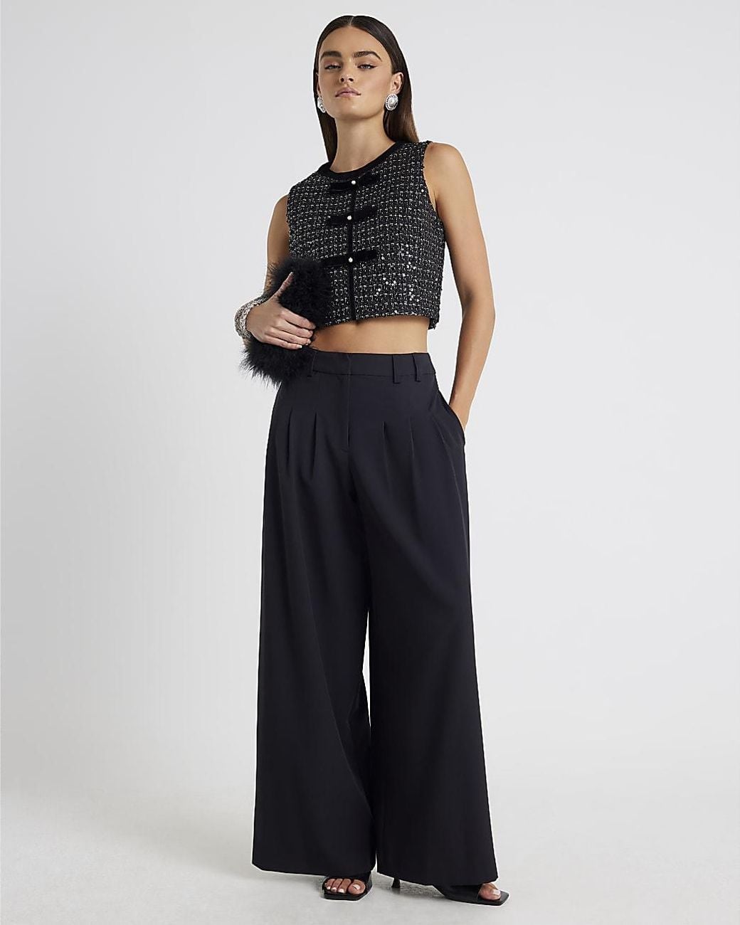 River Island Blue Top Boucle Sleeveless Bow Front