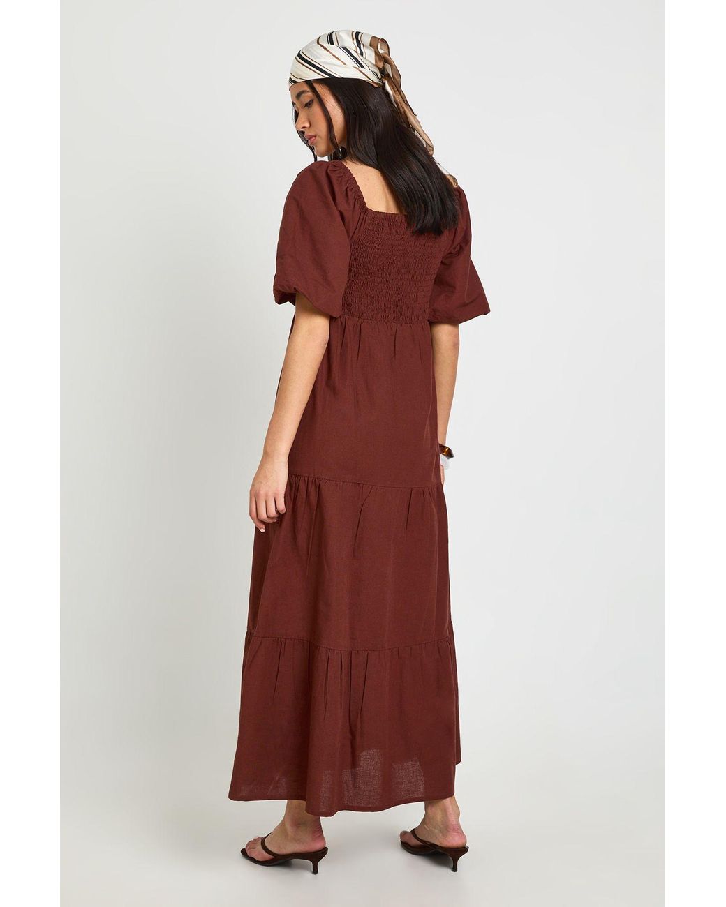 Boohoo Tall Linen Look Volume Sleeve Tiered Midaxi Dress