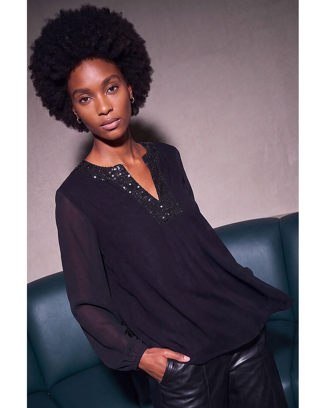 Roman Blue Sequin Neck Chiffon Top