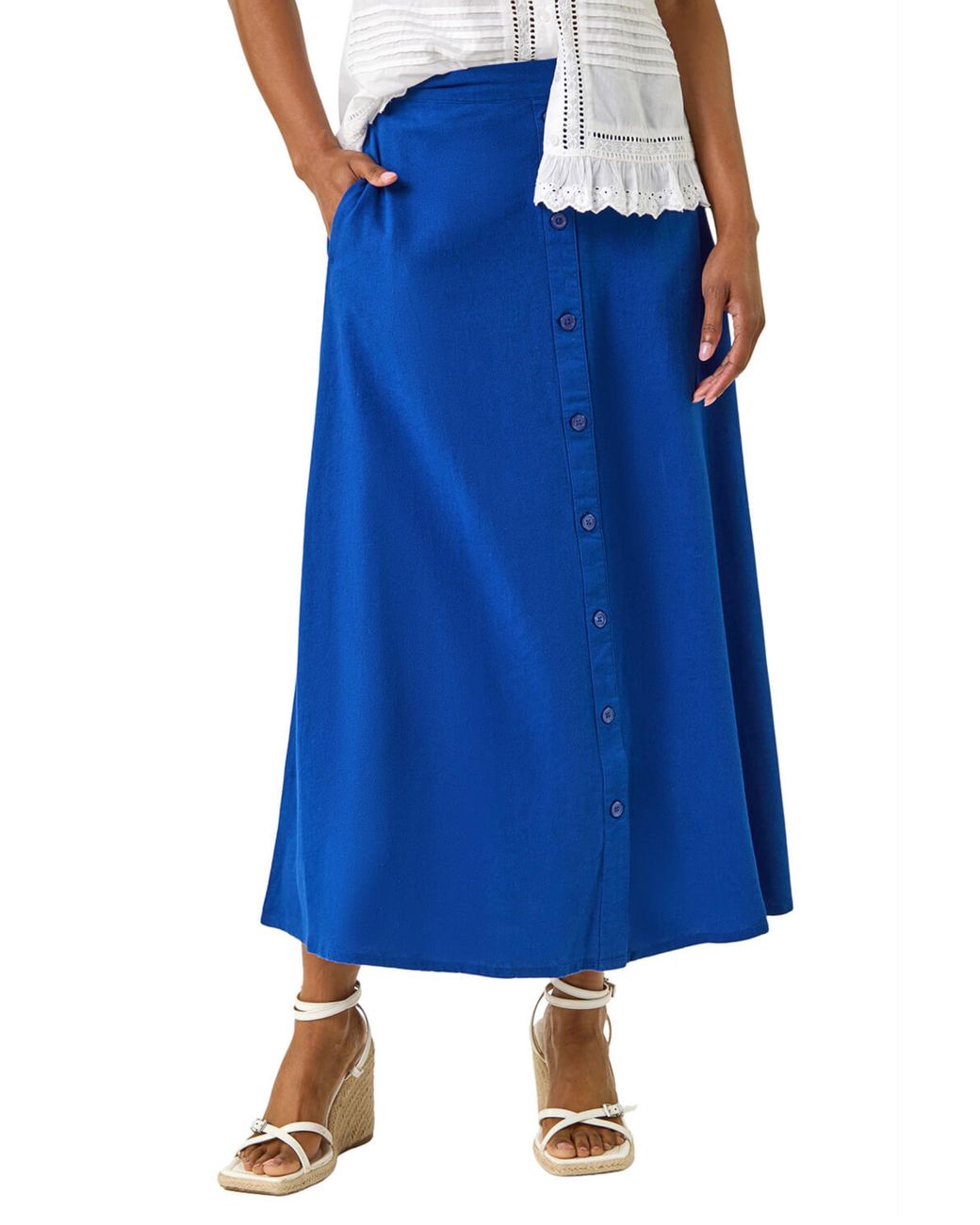 Roman Blue Linen Button Pencil Midi Skirt